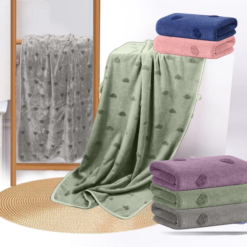 HOUSSE Microfiber Towels | Large Towels | Super Soft Coral Heart Pattern Fleece Towels, Quick-Dry | Super Absorbent with Hook Hanging | Ideal for Men & Women| 400 GSM | (Green, 70x140 Bath Towel) - Image 3