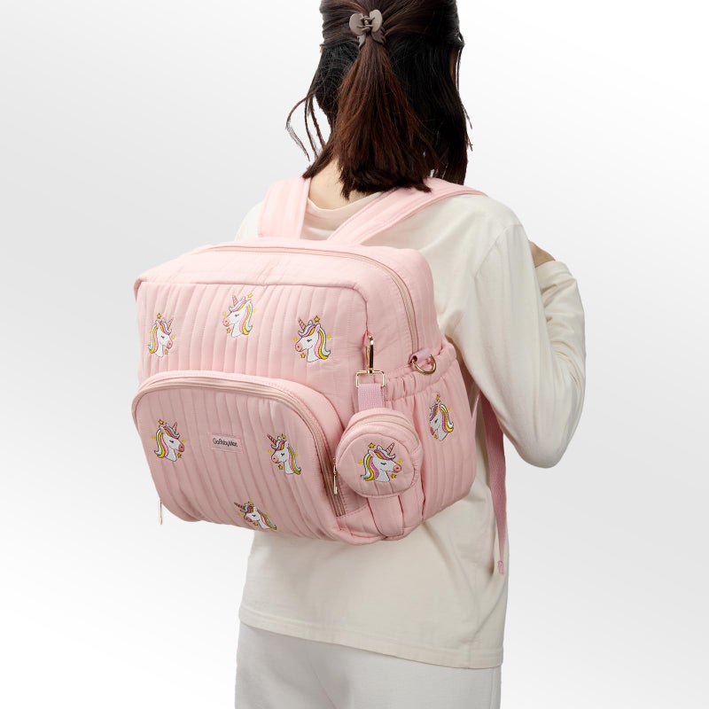 GOBABYMART Diaper Bag Backpack with Changing Pad - Travel Baby Bag, Insulated Bottle Pockets, Stroller Straps (Medium - Pink Unicorns) - Image 2