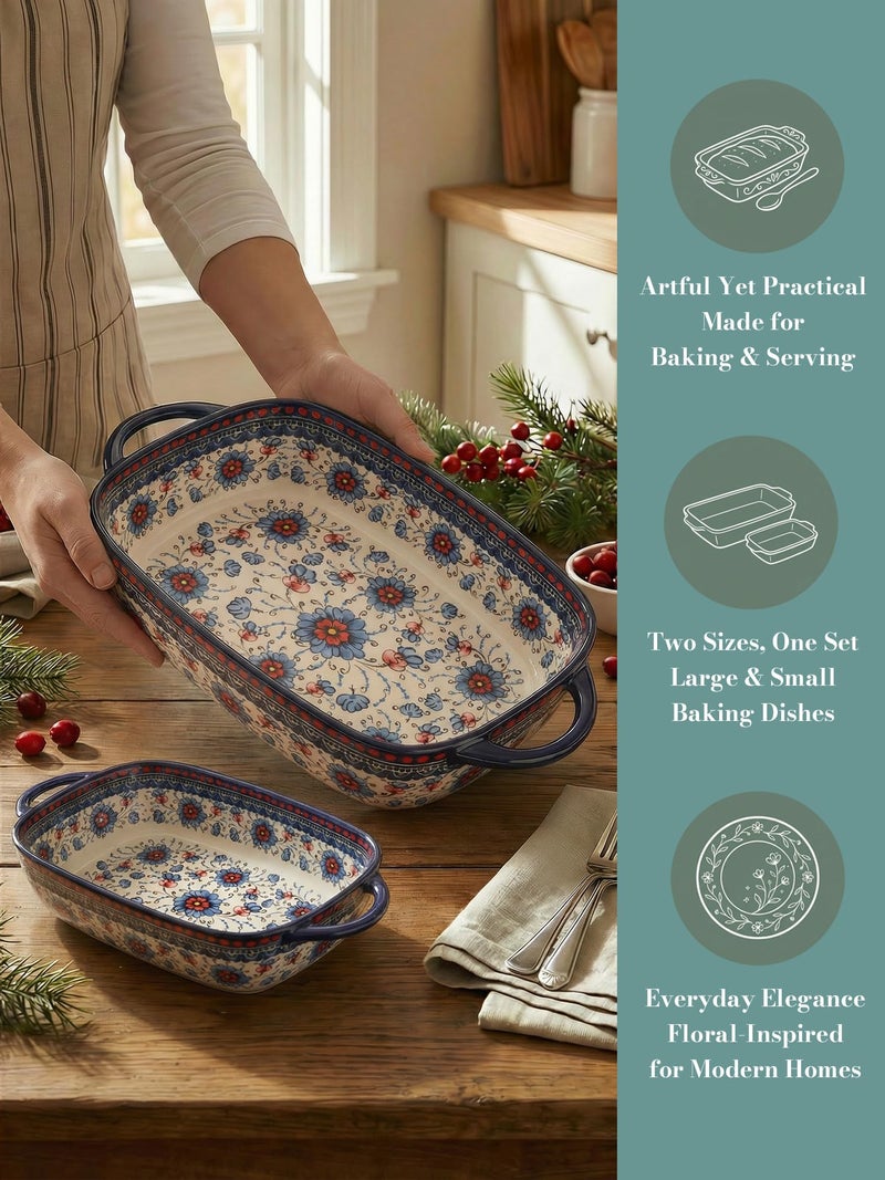 Moqidadii Polish Pottery Style Ceramic Baking Dish Set, 2-Piece Casserole Bakers for 2â€“3 People, Floral Decorative Bakeware, Oven Safe Lasagna Pan, Microwave Dishwasher Safe, Gift-Ready, Protective Packaging - Image 2