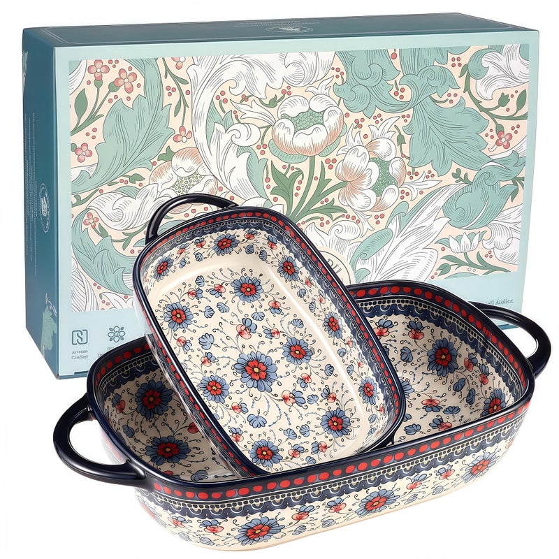Moqidadii Polish Pottery Style Ceramic Baking Dish Set, 2-Piece Casserole Bakers for 2â€“3 People, Floral Decorative Bakeware, Oven Safe Lasagna Pan, Microwave Dishwasher Safe, Gift-Ready, Protective Packaging - Image 1