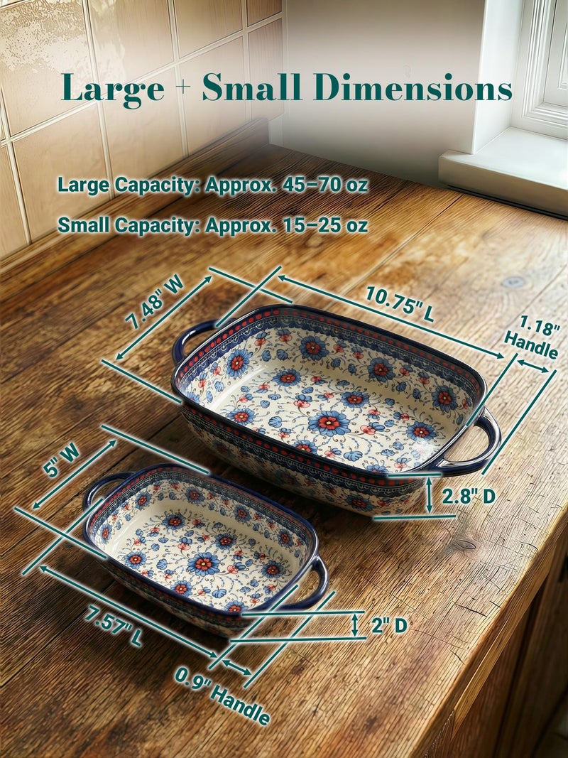Moqidadii Polish Pottery Style Ceramic Baking Dish Set, 2-Piece Casserole Bakers for 2â€“3 People, Floral Decorative Bakeware, Oven Safe Lasagna Pan, Microwave Dishwasher Safe, Gift-Ready, Protective Packaging - Image 4