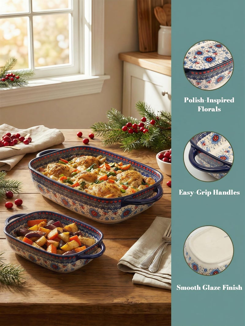 Moqidadii Polish Pottery Style Ceramic Baking Dish Set, 2-Piece Casserole Bakers for 2â€“3 People, Floral Decorative Bakeware, Oven Safe Lasagna Pan, Microwave Dishwasher Safe, Gift-Ready, Protective Packaging - Image 5