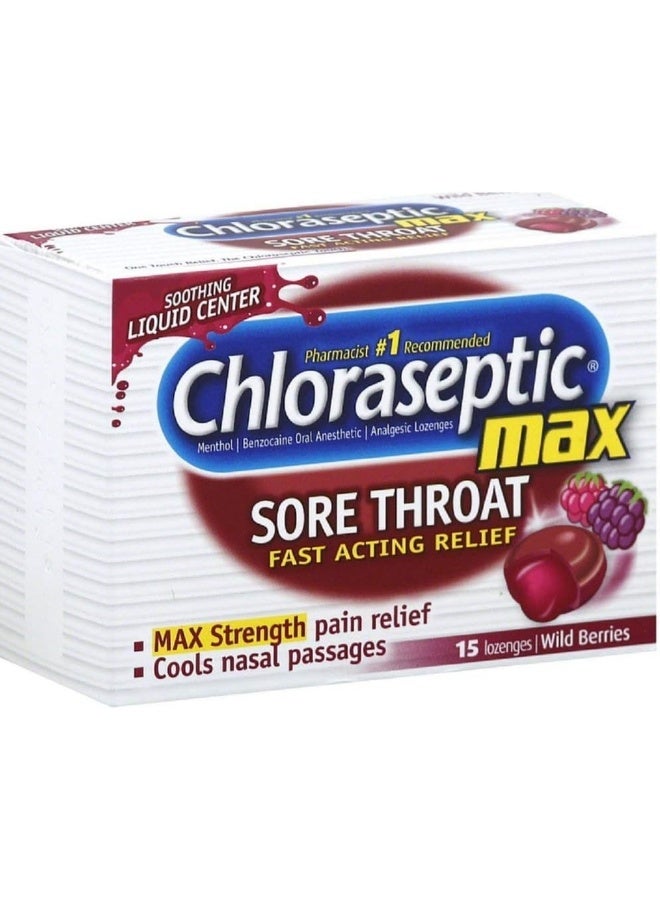 Chloraseptic Max Strength Sore Throat Lozenges, Wild Berries 15 ea (Pack of 2)