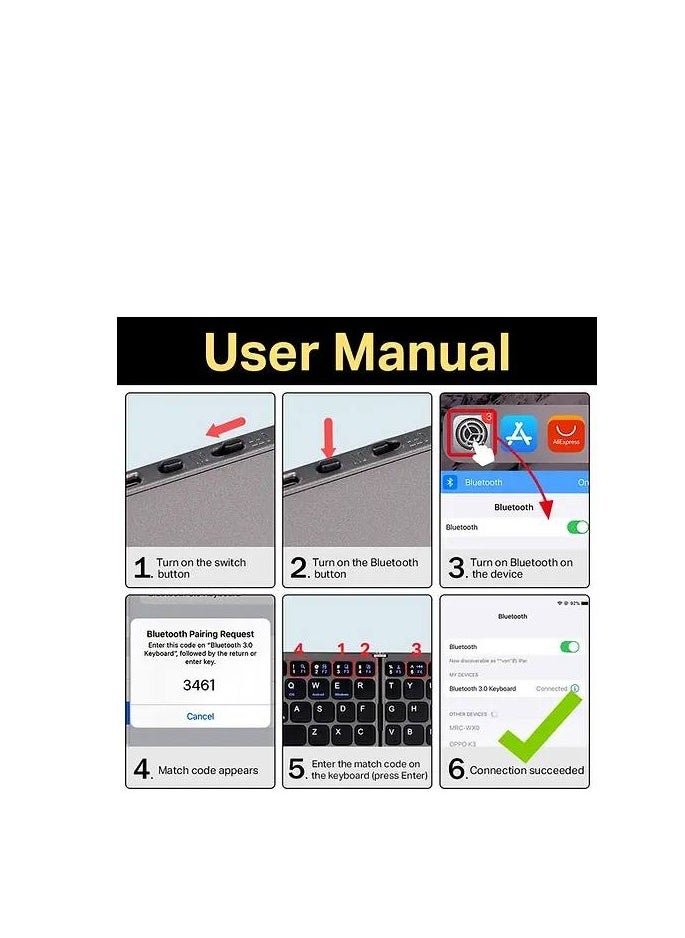 Ultrathin Foldable Wireless Keyboard 3 Devices Mini Portable Rechargeable Bluetooth Keyboard 64 Keys Compatible with Ios Windows Android Tablet Laptop Phone
