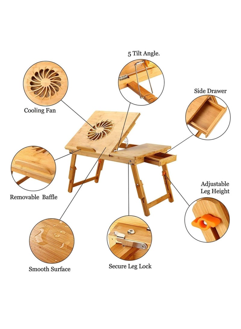 USB cooling fan Wood Bamboo Laptop Table Tray Bed Book Desk Folding Notebook Portable  - Image 4