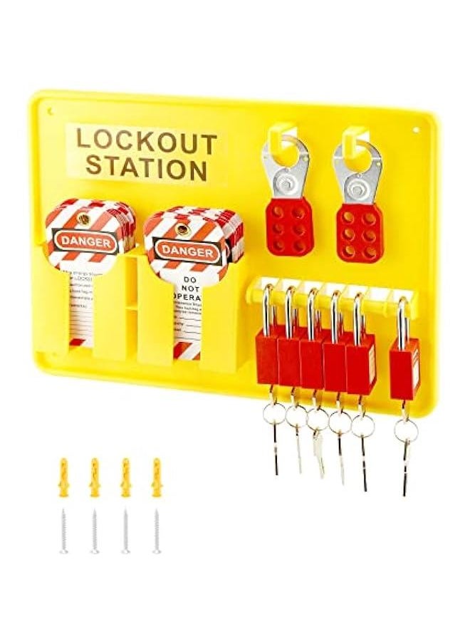 Arabest Lockout Tagout Station with Loto Kits - PP Lockout Station, 6 Safety Padlocks (Keyed Alike), 2 Hasps, 32 Tags, 20 Zip Ties - Industrial, Electric Power, Machinery Safety  - Image 1