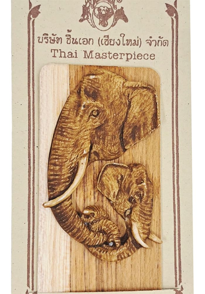 WitnyStore Carved Wooden Bookmark 7" Head of Elephants Hold Trunks Side Face - Unique Design Handmade Bookmarks Thai Craft Accessories Decorative Collectible Thailand Souvenir Gift Readers Book Lovers - Image 1