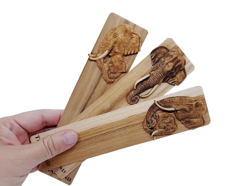 WitnyStore Carved Wooden Bookmark 7" Head of Elephants Hold Trunks Side Face - Unique Design Handmade Bookmarks Thai Craft Accessories Decorative Collectible Thailand Souvenir Gift Readers Book Lovers - Image 2