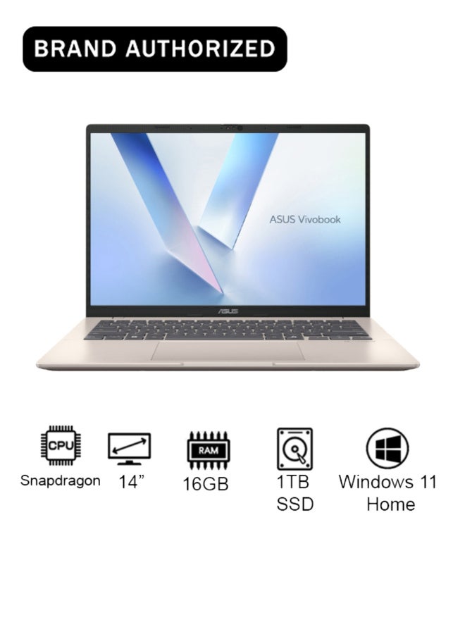 ASUS Vivobook 14 Laptop With 14-Inch Display, Snapdragon X X126100 Purwa SE Processor/16GB RAM/1TB SSD/Intel UHD Graphics/Windows 11 Home English/Arabic Platinum Gold - Image 1