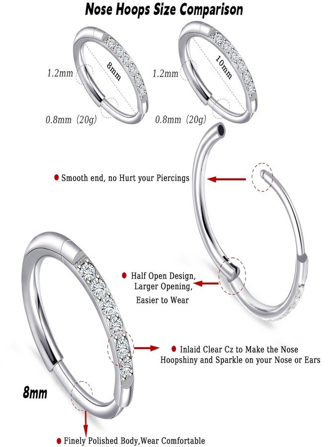 limerencia G23 Titanium Nose Ring Hoop,8mm/10mm Cubic Zirconia Nose Ring Cartilage Hoop Earring Septum Ring Tragus Conch Helix Daith Lip Piercing Jewelry for Women Men - Image 5