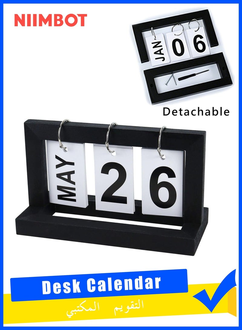 NIIMBOT Wooden Desk Calendar, Perpetual Flip Calendar with Large Display, Reusable Vintage Desktop Calender for Office Desktop Home Decro Ornaments - Image 1