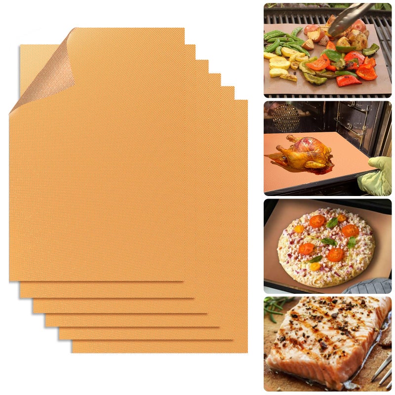 Demiwise Copper Grill Mats for Ourdoor Grill Set of 6,Heavy Duty Non-Stick BBQ Grill Mats,Reusable & Easy to Clean for Gas,Charcoal & Electric Grills-15.75 x 13 Inch - Image 1