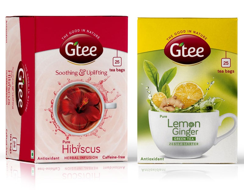 GTEE Green Tea Bags - Lemon & Ginger & Hibiscus Tea Bags, 25 Tea bags (Pack of 2) - Image 1