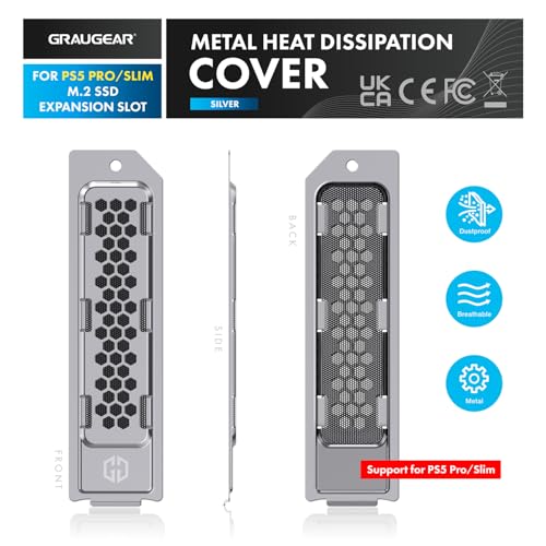 GRAUGEAR Metal Heat Dissipation Cover for PS5 Pro PS5 Slim M.2 SSD Expansion Slot | Fit for PS5 NVMe SSD with Heatsink | New Breathable Cellular Hole | Cooling and Dust Proof | Silver (PS5 Pro/Slim) - Image 2