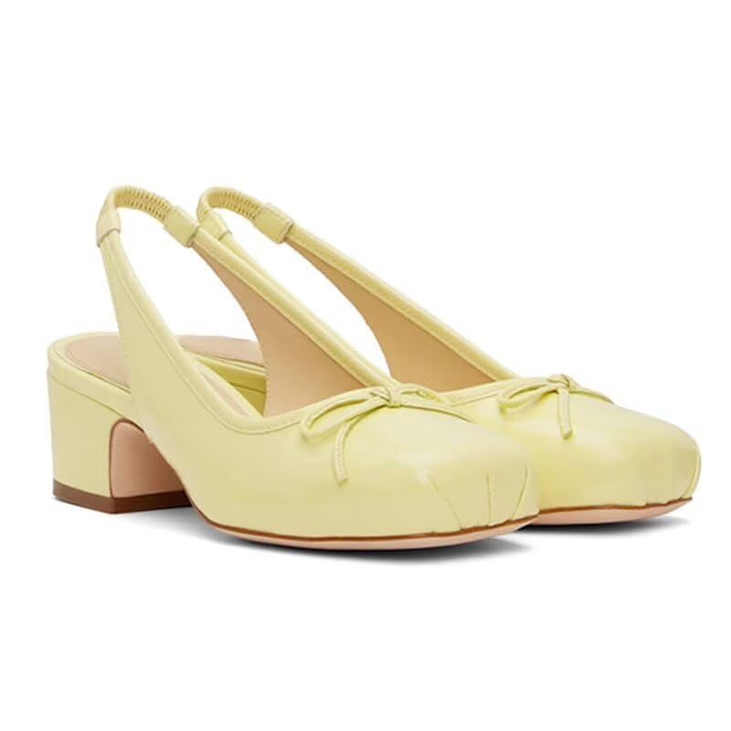 Agodor Slingback Heels for Women Ruched Satin Yellow Ballet Mary Jane Shoes with Bow Square Toe Ballerina Pumps Low Chunky Block Heels Elastic Rear Strap Comfortable Dress Ballet Shoes US8.5 - Image 1