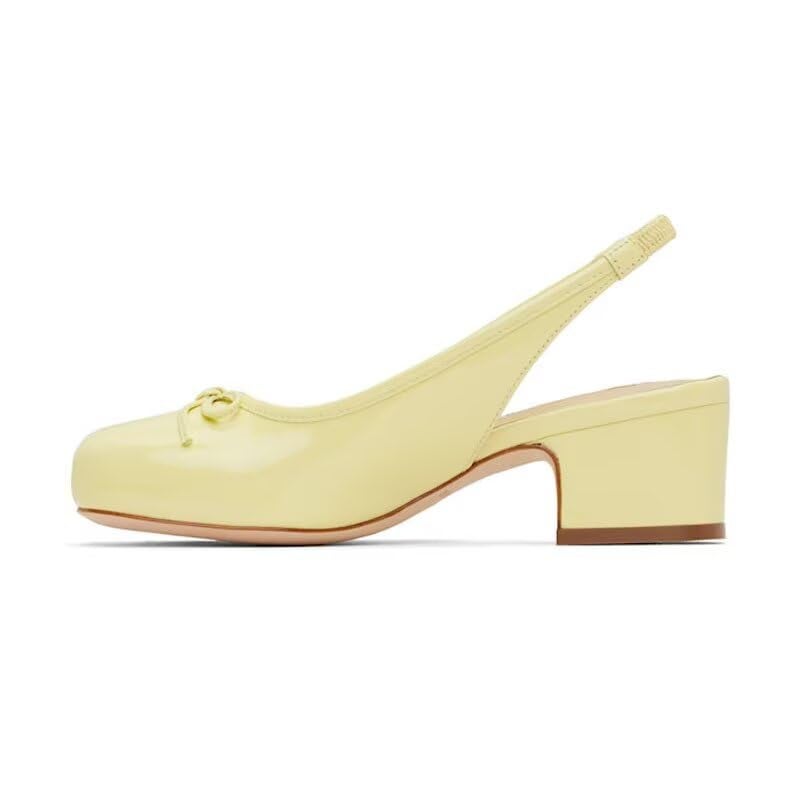 Agodor Slingback Heels for Women Ruched Satin Yellow Ballet Mary Jane Shoes with Bow Square Toe Ballerina Pumps Low Chunky Block Heels Elastic Rear Strap Comfortable Dress Ballet Shoes US8.5 - Image 4