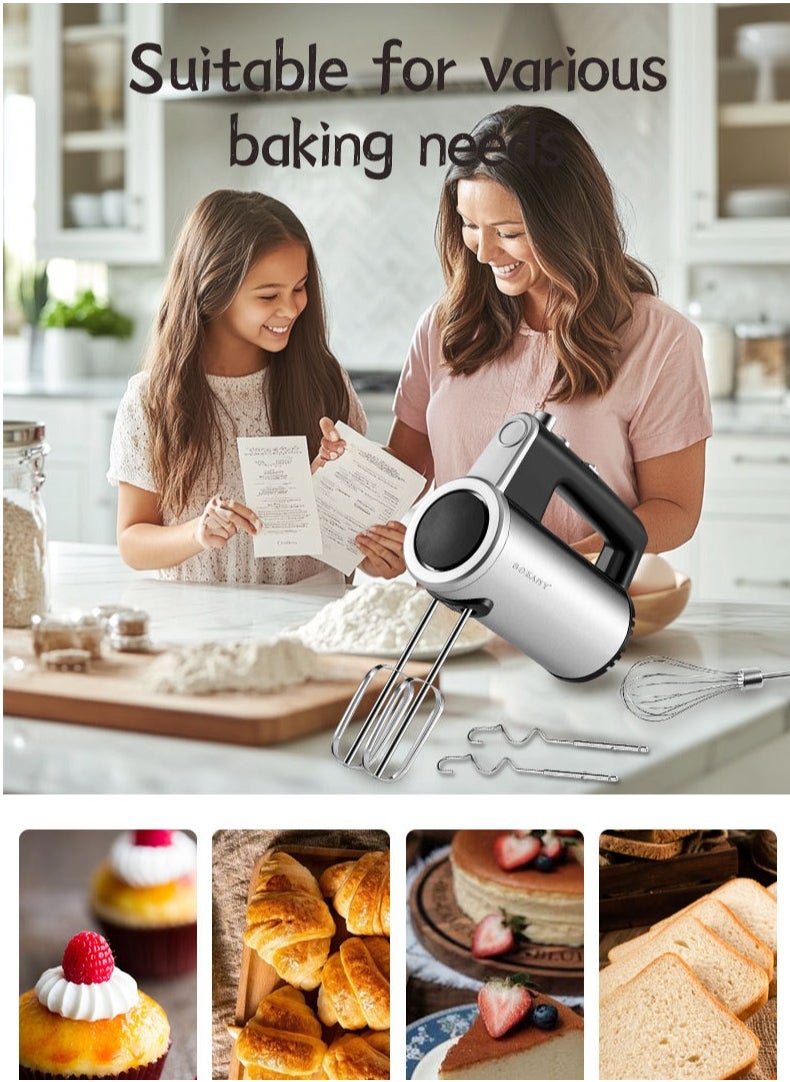 sokany Hand Mixer,5 Speed Electric Mixer with Copper Motor, Eject Button and Turbo Function, Perfect For Kneading Dough, Mixing Batter, Whisking Eggs, Etc. Includes 1 Egg Whisk,2 Hooks and 2 Beater Heads,800 W SK-02017,Silver & Black  - Image 4