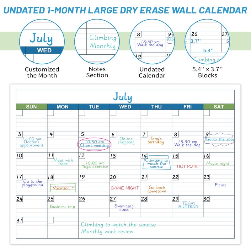 BooQool Large Dry Erase Calendar - Undated 1 Month Dry Erase Calendar for Wall, 40" x 28", Erasable & Reusable Laminated Dry Erase Wall Calendar with 10 Round Stickers, Large Space for Office - Image 3