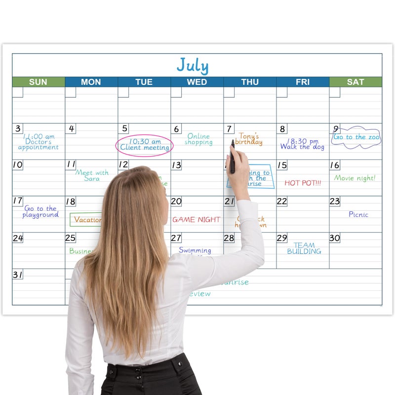 BooQool Large Dry Erase Calendar - Undated 1 Month Dry Erase Calendar for Wall, 40" x 28", Erasable & Reusable Laminated Dry Erase Wall Calendar with 10 Round Stickers, Large Space for Office - Image 1