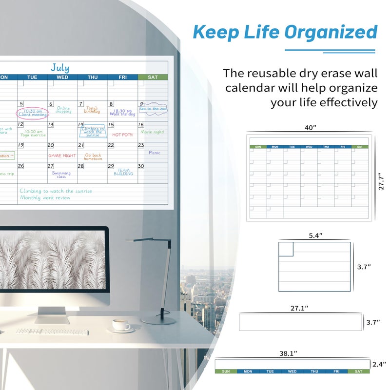 BooQool Large Dry Erase Calendar - Undated 1 Month Dry Erase Calendar for Wall, 40" x 28", Erasable & Reusable Laminated Dry Erase Wall Calendar with 10 Round Stickers, Large Space for Office - Image 2
