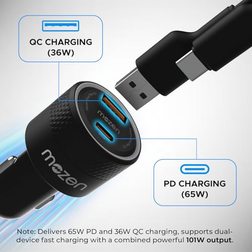 Amkette MOZEN by Amkette Drive Max 101W Car Charger Type C 65W + USB-A 36W Dual Port Fast Car Charger, ABS Build with Metallic Shell with Voltsafe and Smartflux for Mobile, Tablets & Laptops - Image 5