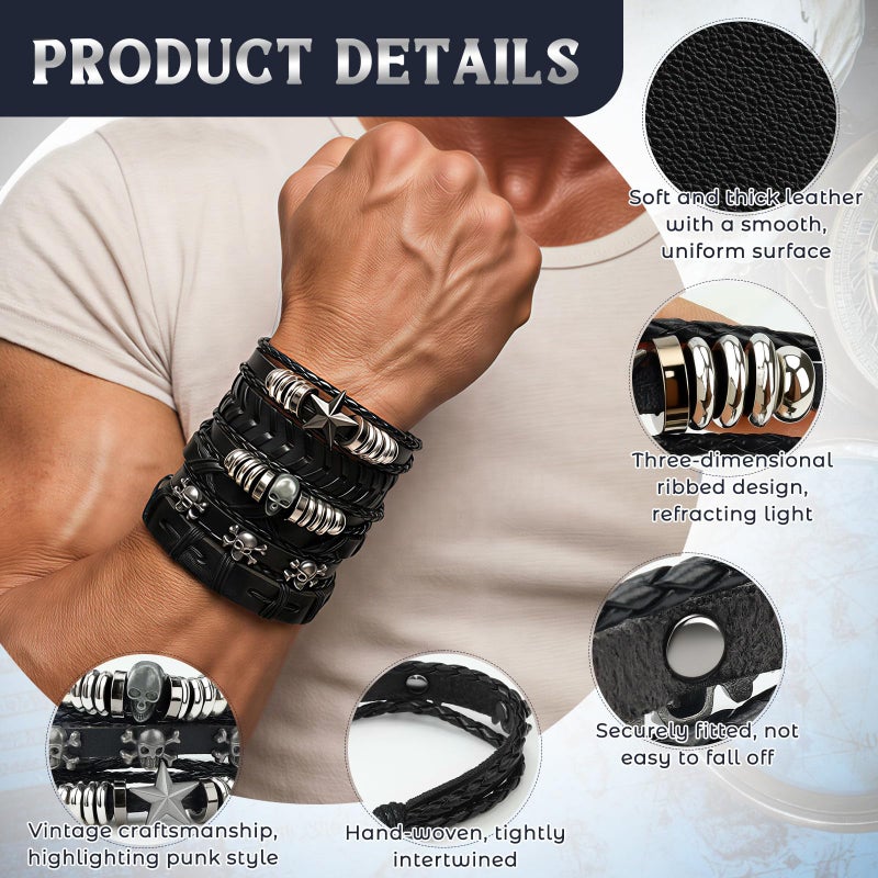 JOLYEAK Punk Leather Rivets Bracelets Punk Rock Leather Studded Bracelets 80s Wristband Emo Gothic Spike Cuff Bracelet Set for Men Women Rocker Outfits Skull Bracelet (Black Skull-6PCS) - Image 4