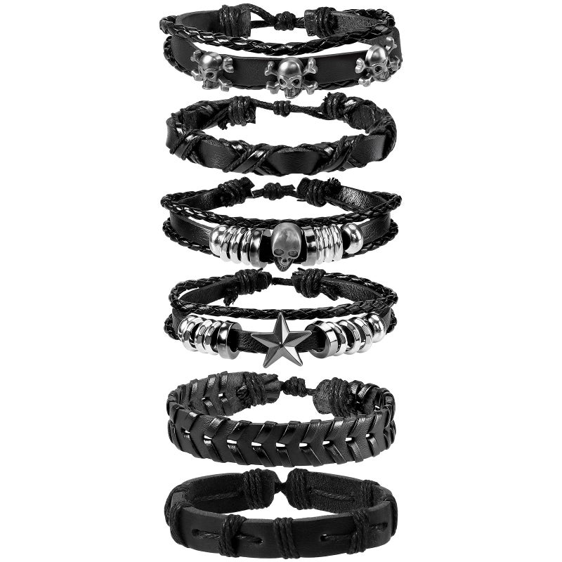 JOLYEAK Punk Leather Rivets Bracelets Punk Rock Leather Studded Bracelets 80s Wristband Emo Gothic Spike Cuff Bracelet Set for Men Women Rocker Outfits Skull Bracelet (Black Skull-6PCS) - Image 1