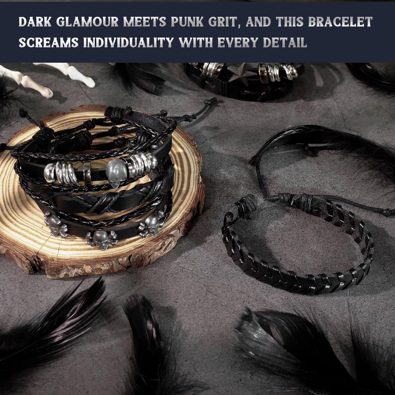 JOLYEAK Punk Leather Rivets Bracelets Punk Rock Leather Studded Bracelets 80s Wristband Emo Gothic Spike Cuff Bracelet Set for Men Women Rocker Outfits Skull Bracelet (Black Skull-6PCS) - Image 5
