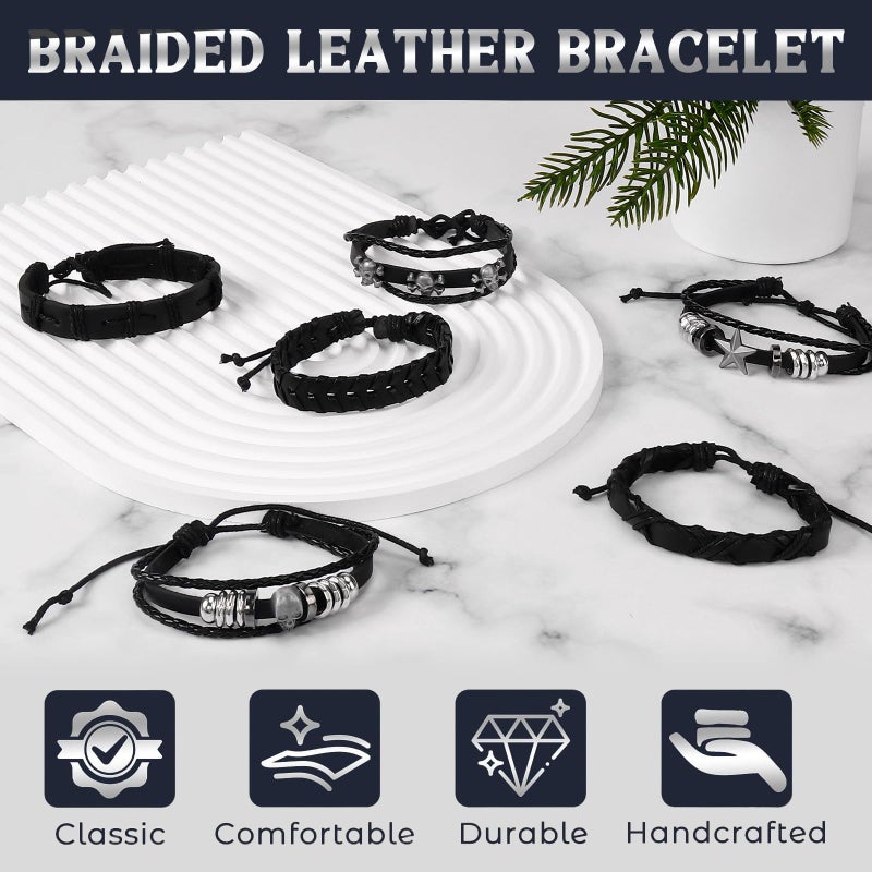 JOLYEAK Punk Leather Rivets Bracelets Punk Rock Leather Studded Bracelets 80s Wristband Emo Gothic Spike Cuff Bracelet Set for Men Women Rocker Outfits Skull Bracelet (Black Skull-6PCS) - Image 3