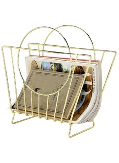 MyGift Midcentury Brass Plated Metal Free Standing Magazine Holder Document File Rack With Decorative Bag Shaped Design  - Image 1