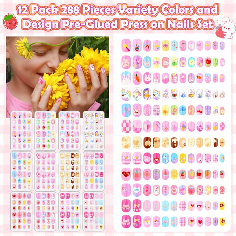 Acejoz 288 Pieces Kids Stick On Nails Girls, Acejoz Fake Nails Set Self Adhesive Press on Nails Tips for Little Girls Children 8-12 Year Kids Nail Decoration - Image 4