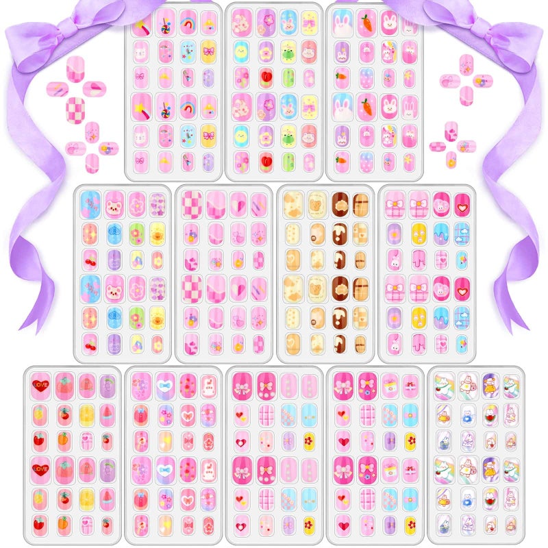 Acejoz 288 Pieces Kids Stick On Nails Girls, Acejoz Fake Nails Set Self Adhesive Press on Nails Tips for Little Girls Children 8-12 Year Kids Nail Decoration - Image 1