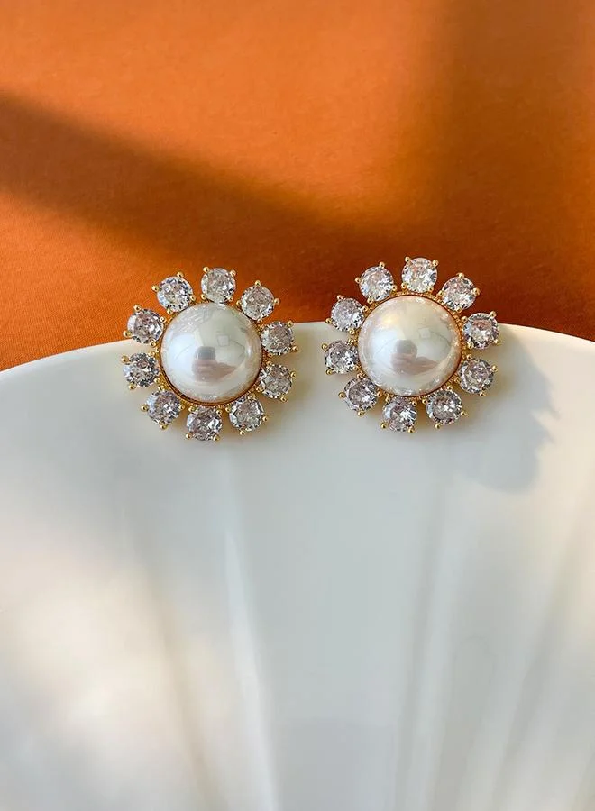 Take Two Take Two Gold Floral Decor Embellished Earrings with Faux Pearl