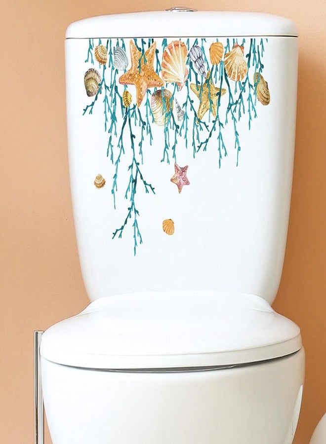 Paleery@FC Ocean Grass Shell Sea Star Toilet Cover Sticker Decals,Shell Conch Starfish Waterproof Toilet Lid Tank Seat Decals Cistern Self-Adhesive Bathroom Wall Sticker - Image 3
