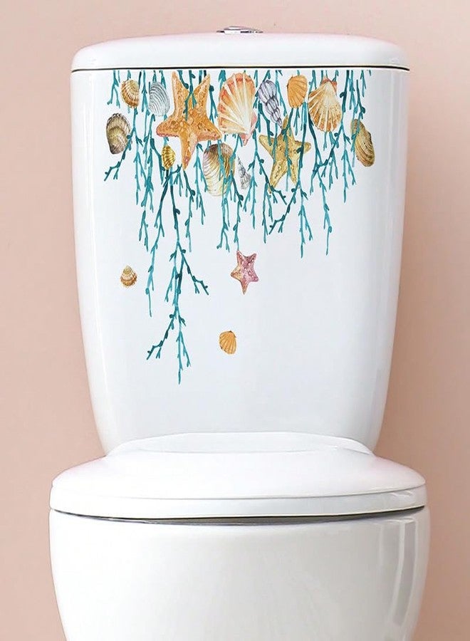 Paleery@FC Ocean Grass Shell Sea Star Toilet Cover Sticker Decals,Shell Conch Starfish Waterproof Toilet Lid Tank Seat Decals Cistern Self-Adhesive Bathroom Wall Sticker - Image 4