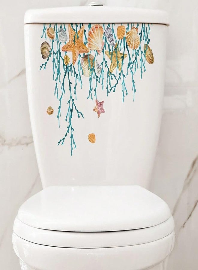 Paleery@FC Ocean Grass Shell Sea Star Toilet Cover Sticker Decals,Shell Conch Starfish Waterproof Toilet Lid Tank Seat Decals Cistern Self-Adhesive Bathroom Wall Sticker - Image 1