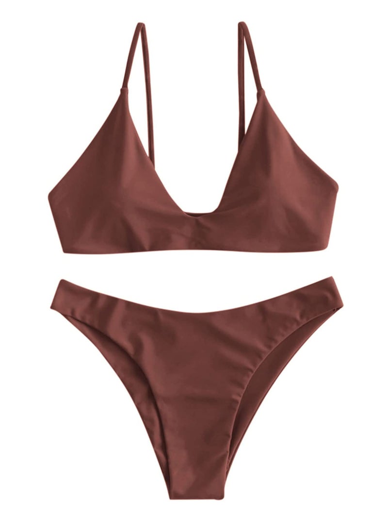ZAFUL Women's Tie Back Padded High Cut Bralette Bikini Set Two Piece Swimsuit (1-Coffee, M) - Image 3