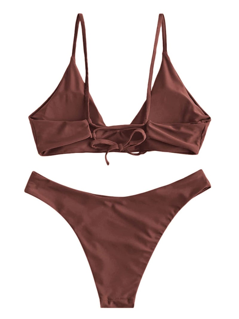ZAFUL Women's Tie Back Padded High Cut Bralette Bikini Set Two Piece Swimsuit (1-Coffee, M) - Image 4