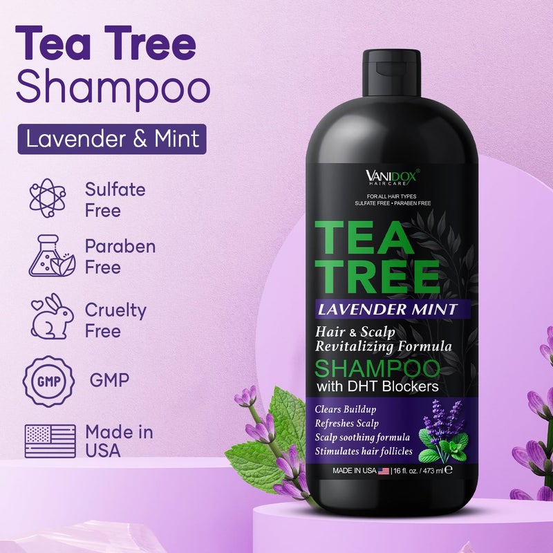 VANIDOX Tea Tree Oil Shampoo with Lavender & Mint | DHT Blocker Blend | Gently Cleanses Scalp, Helps Remove Buildup & Flakes | For Men & Women | Made in USA | 16 fl oz - Image 2