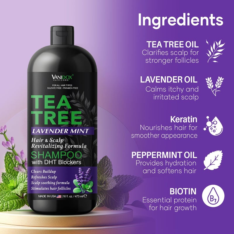 VANIDOX Tea Tree Oil Shampoo with Lavender & Mint | DHT Blocker Blend | Gently Cleanses Scalp, Helps Remove Buildup & Flakes | For Men & Women | Made in USA | 16 fl oz - Image 4
