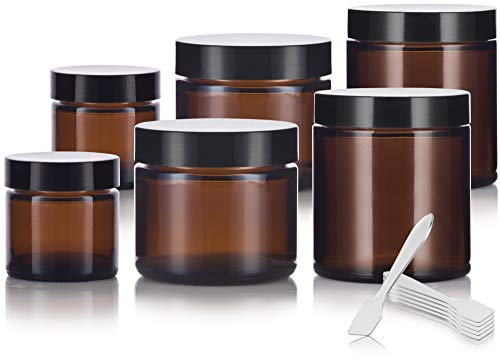 JUVITUS 6 piece Amber Glass Straight Sided Jar Multi Size Set : Includes 2-1 oz, 2-2 oz, and 2-4 oz Amber Glass Jars with Black Lids + Spatulas for Aromatherapy, Essential Oils, Travel and Home - Image 1