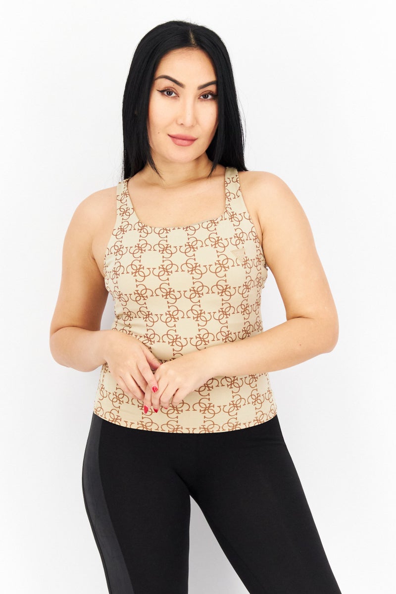 GUESS قمصان تدريب رياضية للنساء بشعار العلامة التجارية، بني - Image 1