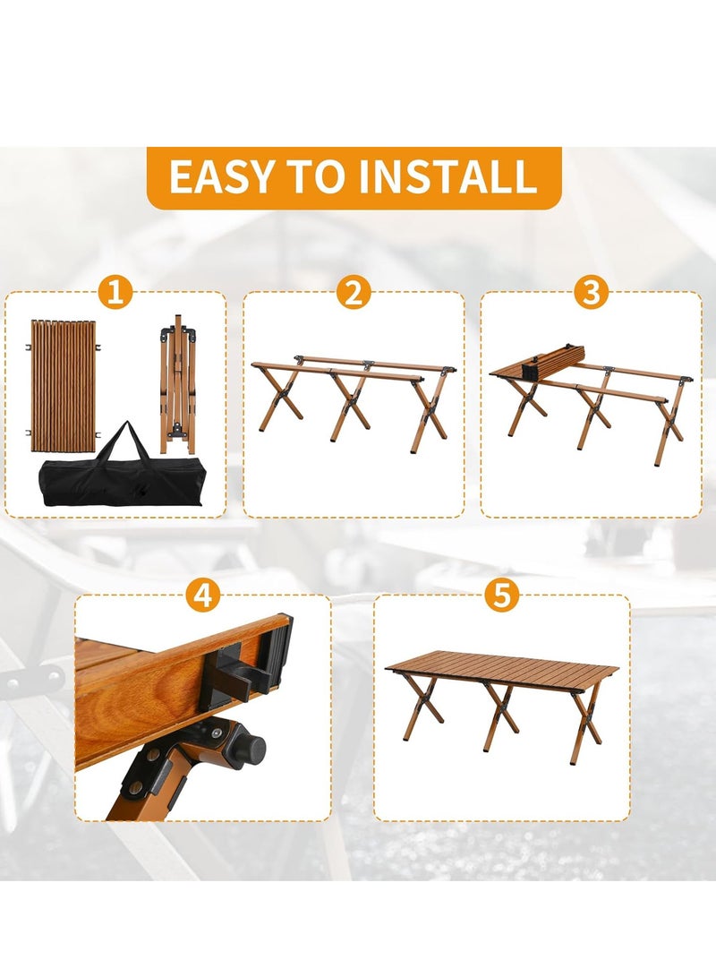 GO2CAMPS Foldable Roll-Up Camping Table with Easy Carry Bag [ 120 x 60 x 45 cm ] â€“ Durable , Lightweight and Portable Aluminum Outdoor Folding Table for Camping, Picnic, Hiking, BBQ, Beach, Trip, Travel & Backyard Use â€“ Compact & Sturdy - Brown Color - Image 3