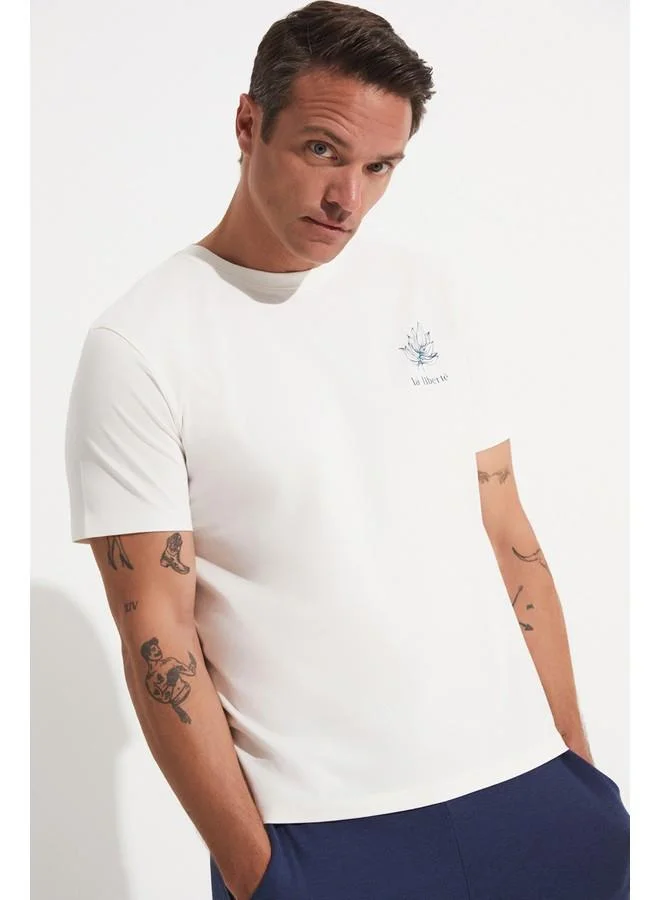 JUNE Men Regular Fit 100% Cotton Slogan Printed Tshirt Ecru