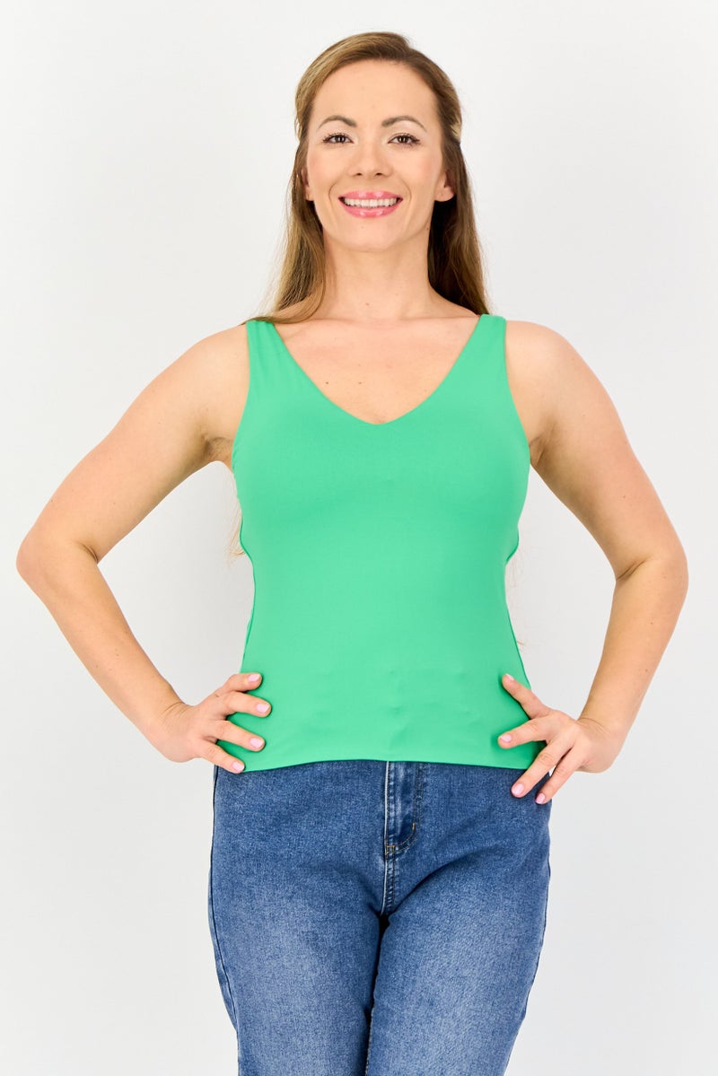bebe Women V Neck Sleeveless Solid Tank Top, Green - Image 1