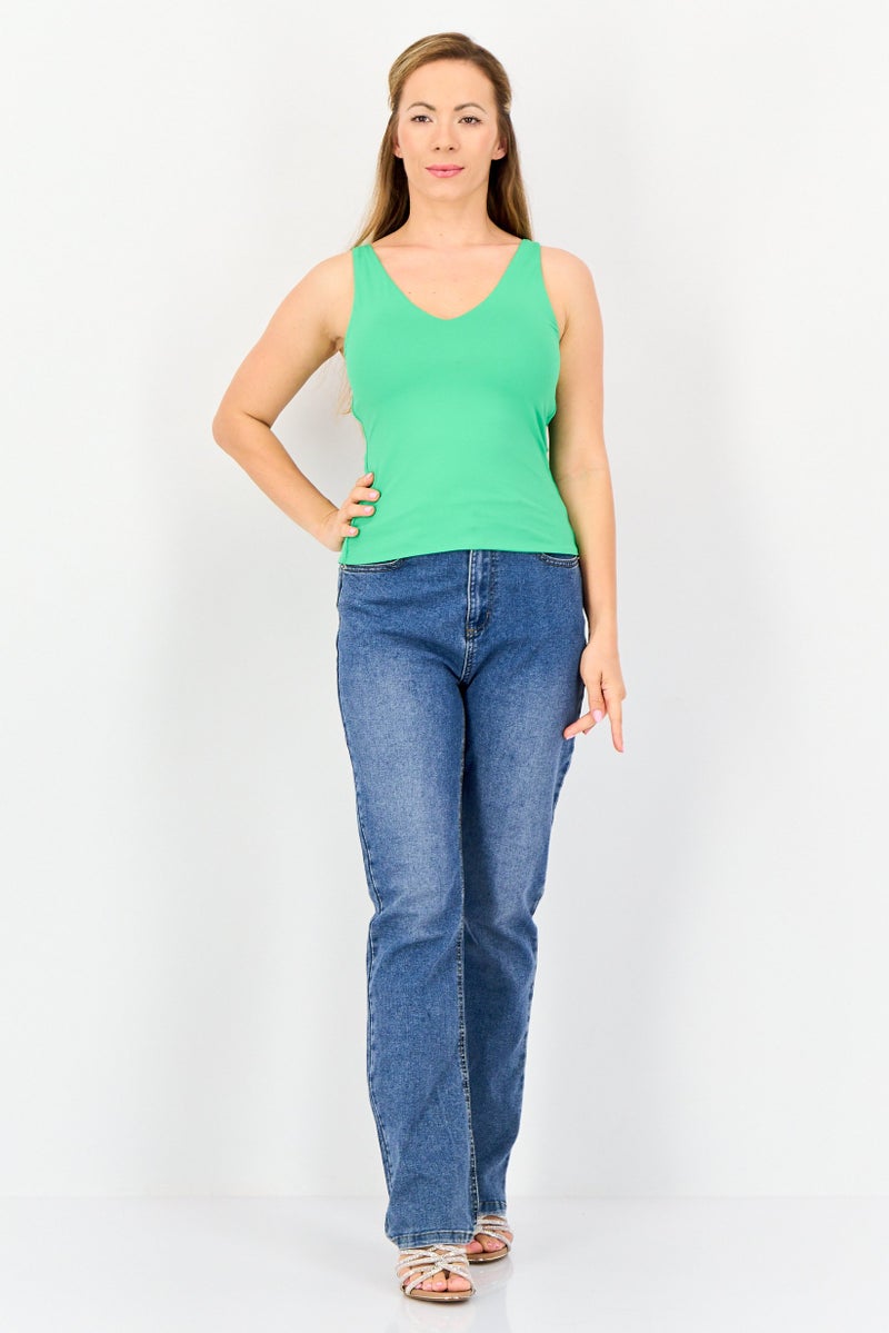 bebe Women V Neck Sleeveless Solid Tank Top, Green - Image 3