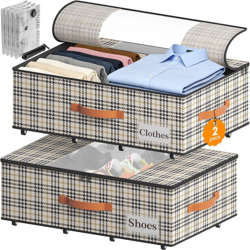 TOSKING 2-Pack Under Bed Storage with Wheels and 4 Vacuum Seal Bags, 7.9 Inch 47L Clear Lid Organizer, Space Saving for Bedding Blankets Clothes ShoesToys, Quick Assembly,Houndstooth - Image 1