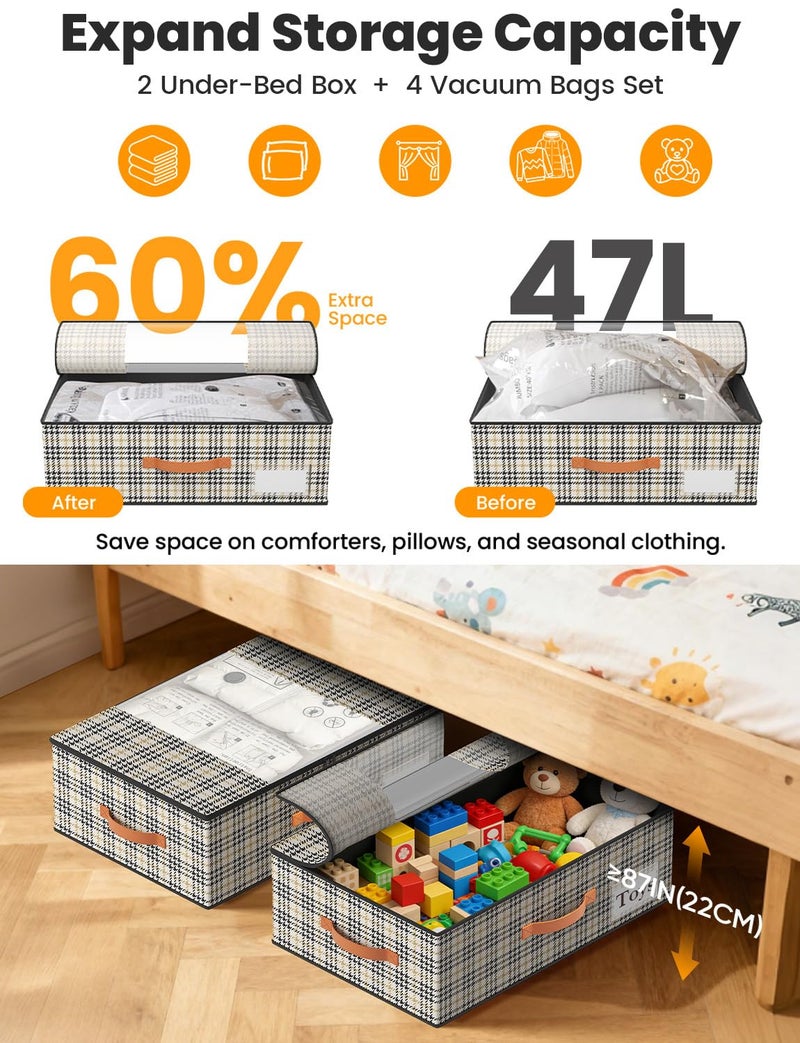TOSKING 2-Pack Under Bed Storage with Wheels and 4 Vacuum Seal Bags, 7.9 Inch 47L Clear Lid Organizer, Space Saving for Bedding Blankets Clothes ShoesToys, Quick Assembly,Houndstooth - Image 4