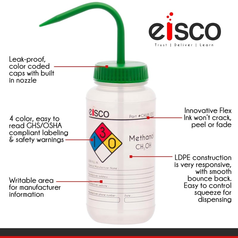 EISCO 6PK Wash Bottle for Methanol, 500ml - Labeled with Color Coded Chemical & Safety Information (4 Colors) - Wide Mouth, Self Venting, Polypropylene - Performance Plastics Labs - Image 2