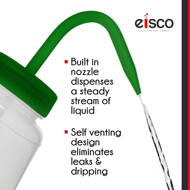 EISCO 6PK Wash Bottle for Methanol, 500ml - Labeled with Color Coded Chemical & Safety Information (4 Colors) - Wide Mouth, Self Venting, Polypropylene - Performance Plastics Labs - Image 3